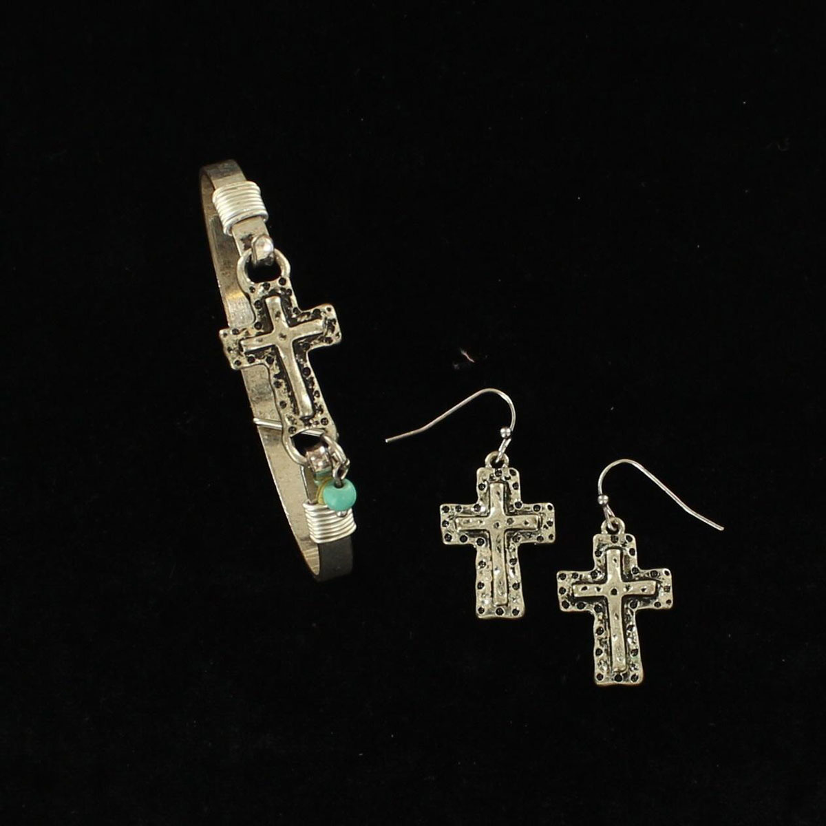 29033 Hammered Cross Bracelet & Earring Set, Silver