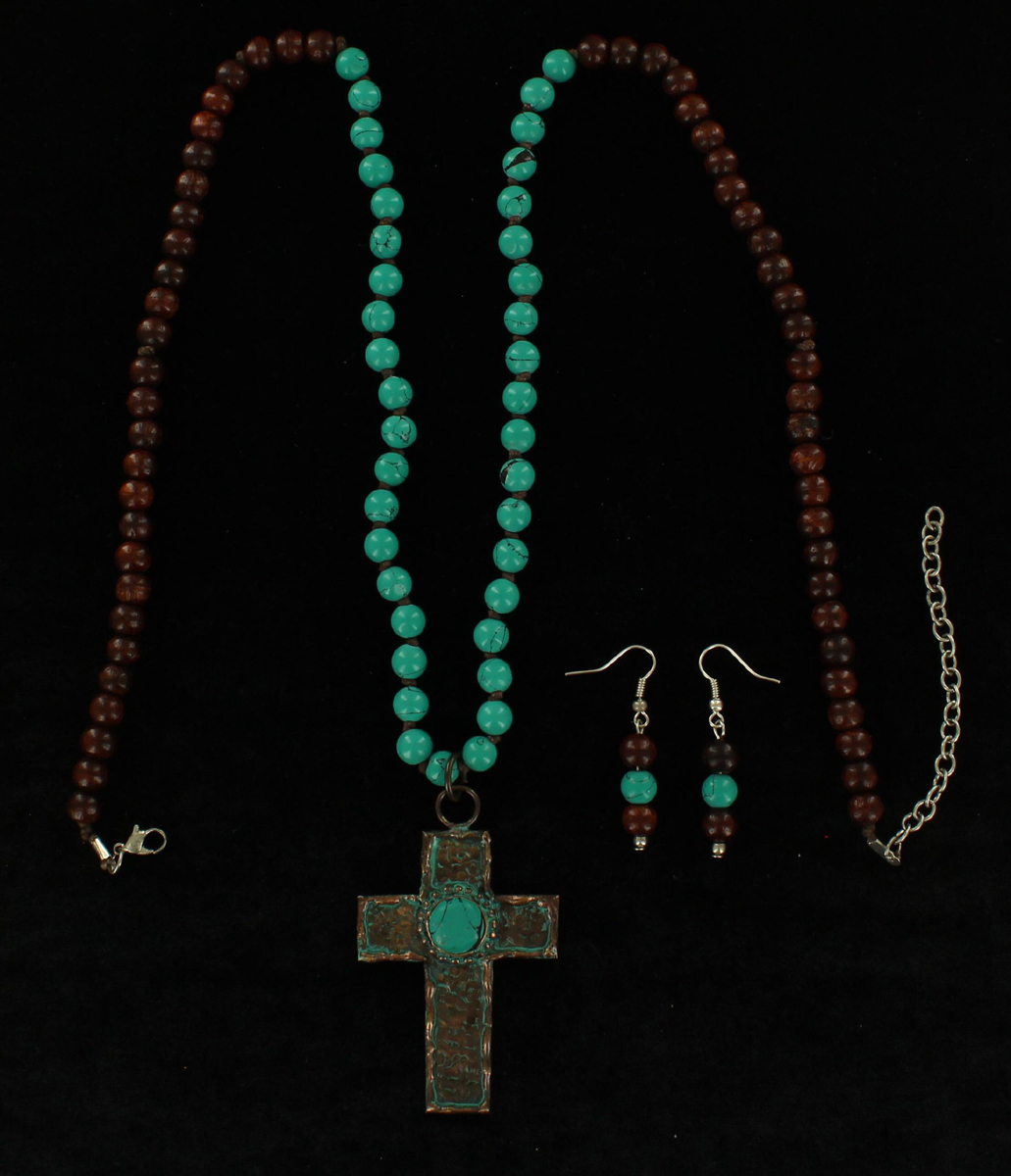 29043 Beaded Cross Necklace & Earrings Set, Turquoise, Brown & Patina - Fits 31 To 34 In.