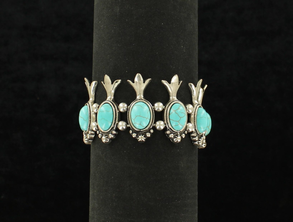 29047 Oval Stone Squash Blossom Stretch Bracelet, Turquoise
