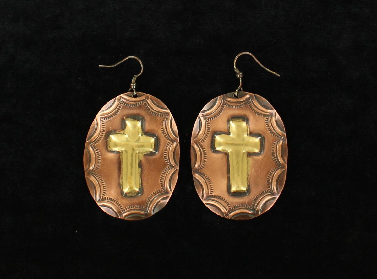 29163 Oval Stamped Disc Cross Earrings - Large
