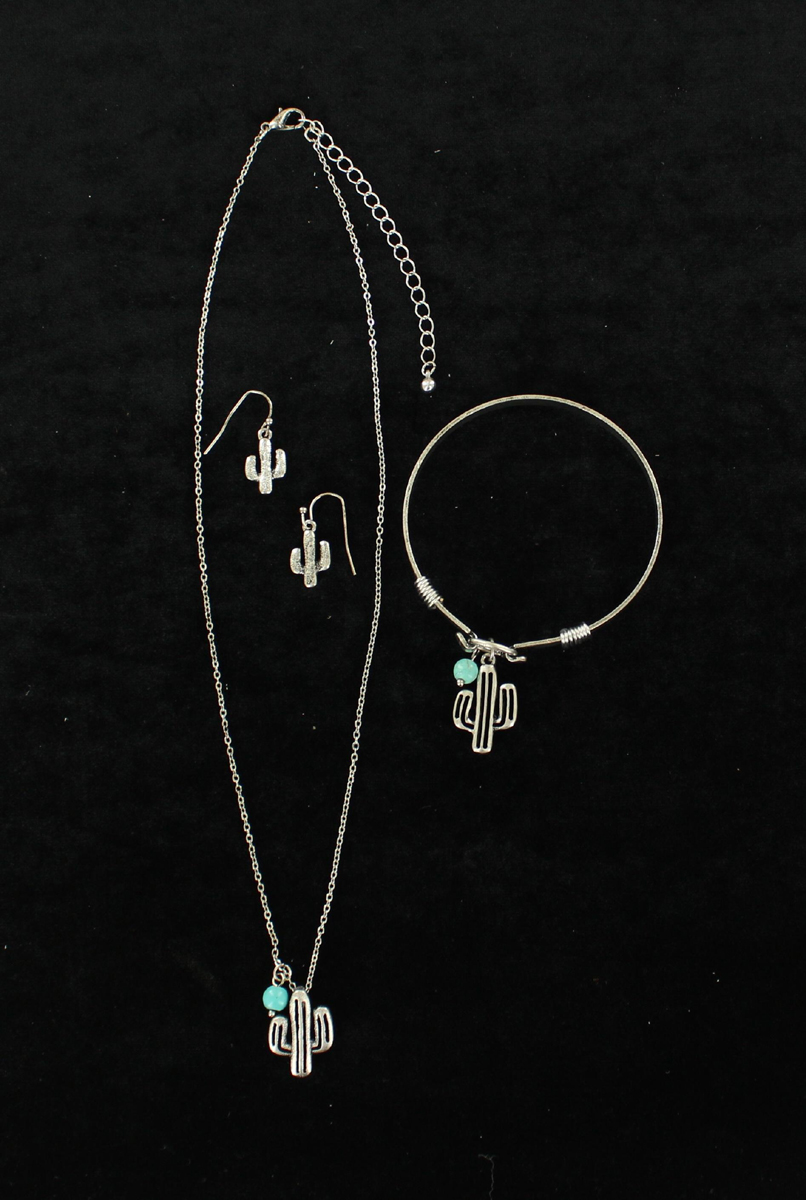 29162 Cactus Necklace, Earrings & Bracelet Set, Turquoise - Fits 18 To 21 In. - 3 Piece