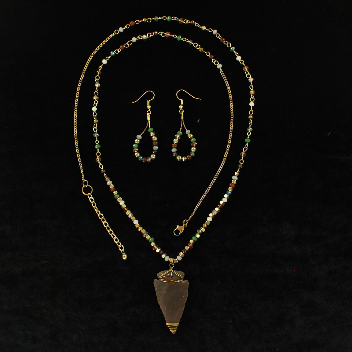 29159 Beaded Chain Arrowhead Necklace & Earrings Set - Fits 35 To 37 In.