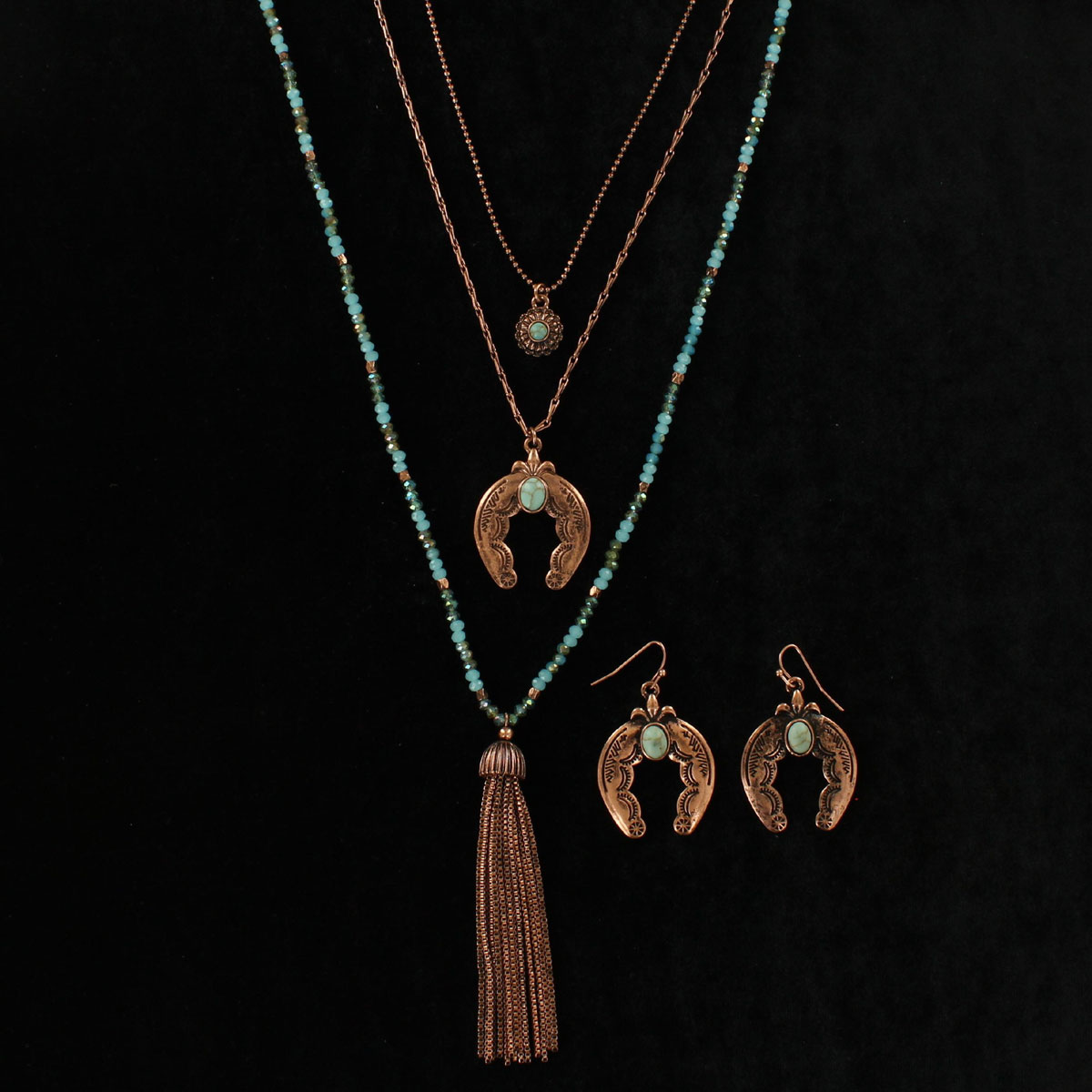29171 Squash Blossom Earrings & Multi Chain Tassle Necklace Set, Copper & Turquoise