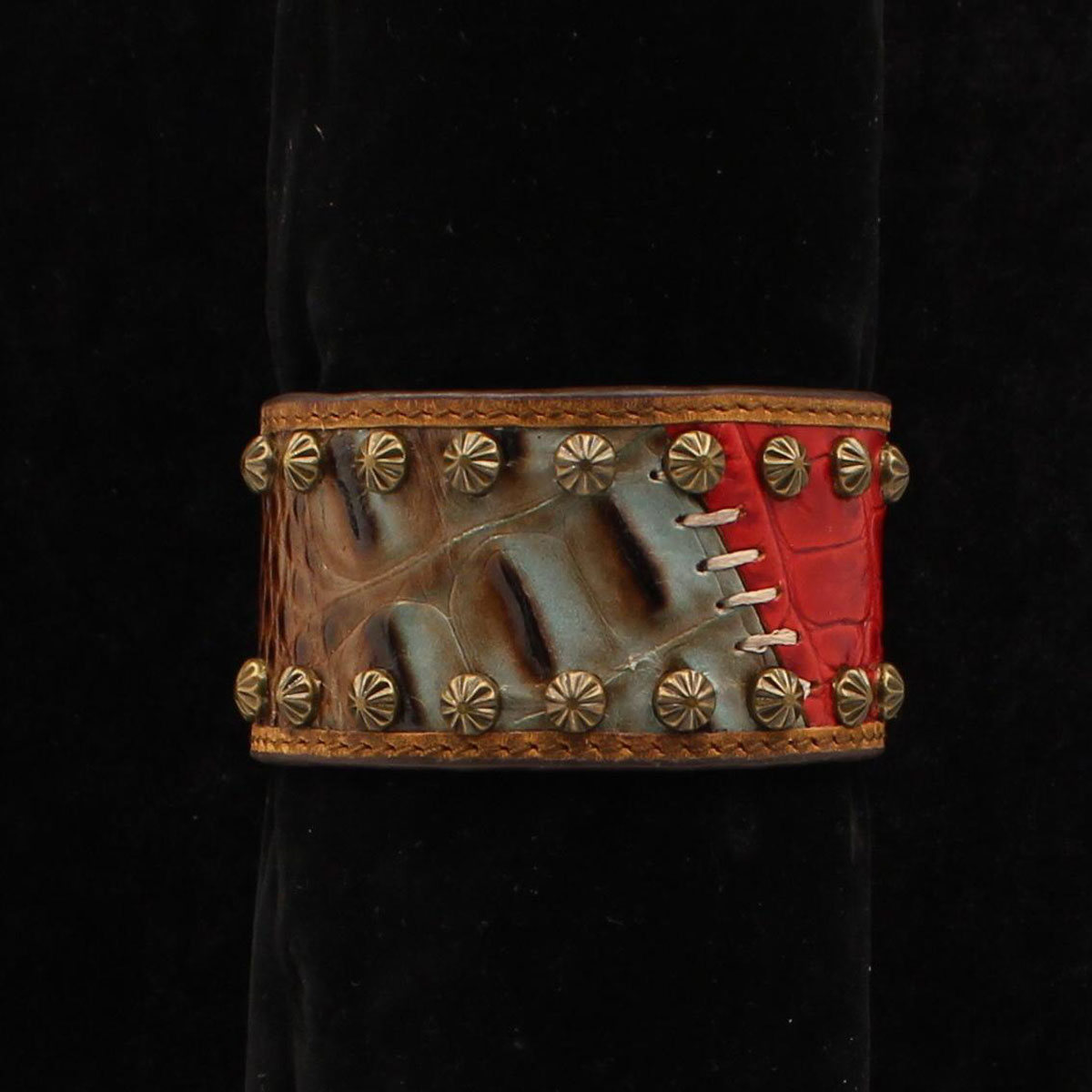 Dbr694 Red & Brown Fused Croc Cuff With Saint Laurent Bracelets