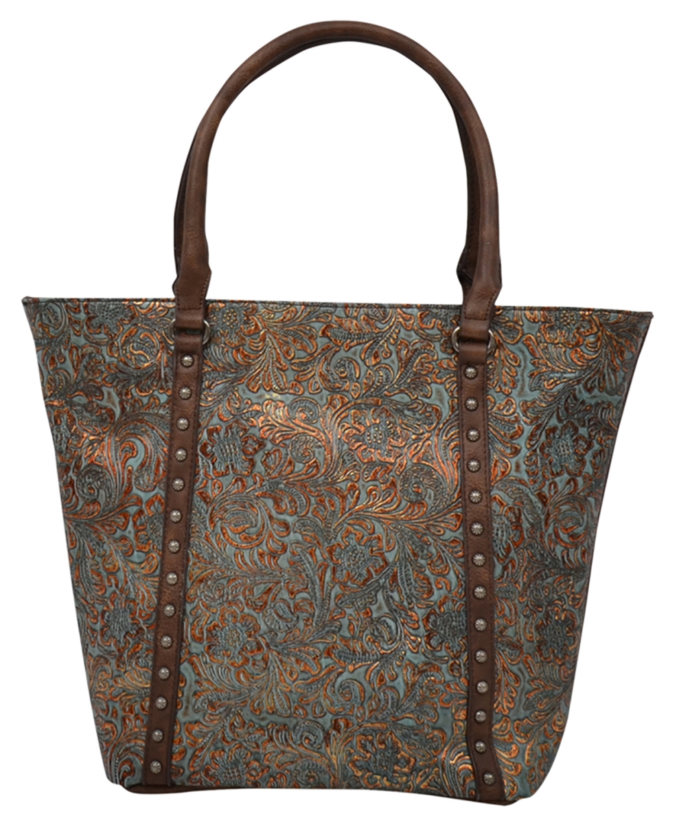 Dhb1074tq Brown & Turquoise Metallic Embossed With Handbag