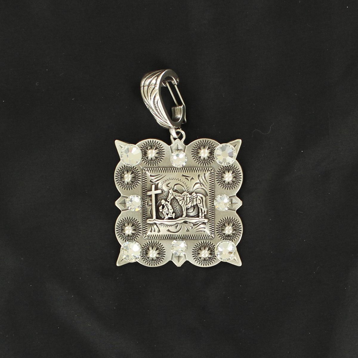 29281 Charm Cowboy Cross Printed Square Pendant, Genuine Silver Finish