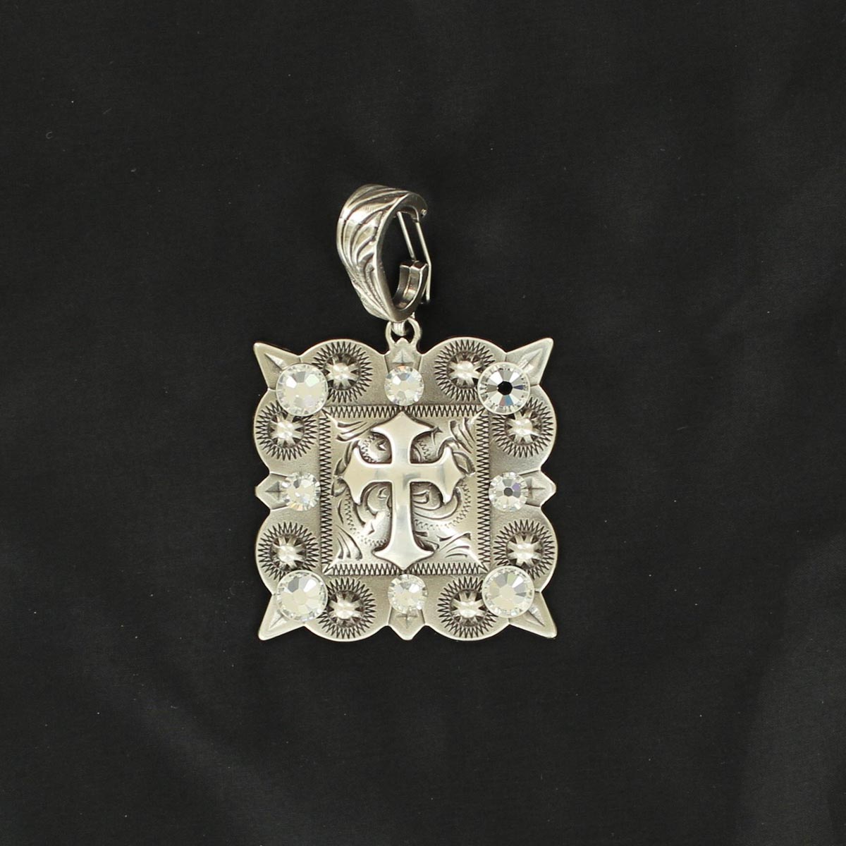 29283 Charm Cross Printed Square Pendant, Genuine Silver Finish