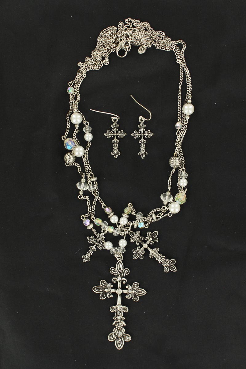29383 Chain Cross & Pearl Necklace Set - 25-28 In.