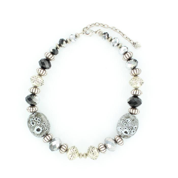 2945901 Silver Tone Bead & Stone Necklace, Black & White - 19 In.