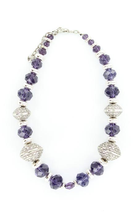 2946316 Large Engraved Silver Tone Beaded Necklace, Silver Tone & Purple - 19 In.