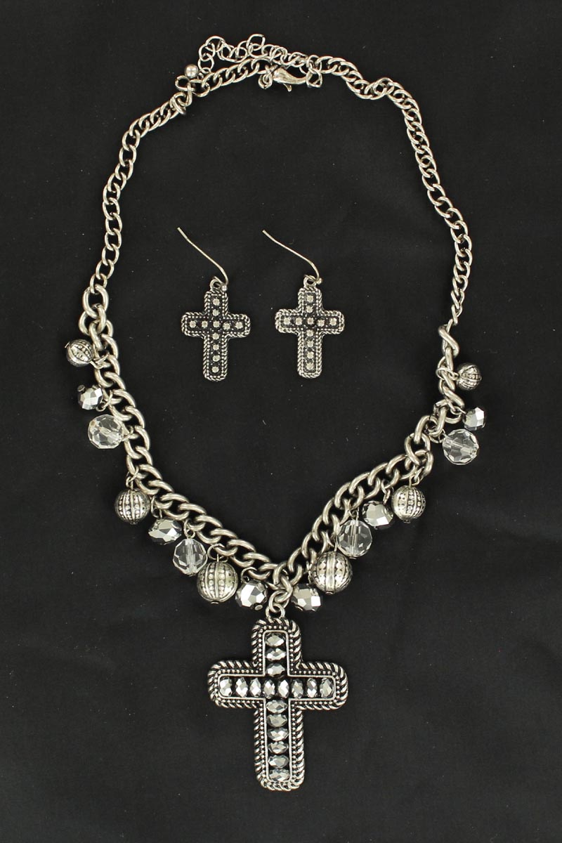 29537 Crystal Cross & Beads Necklace Set, Hematite