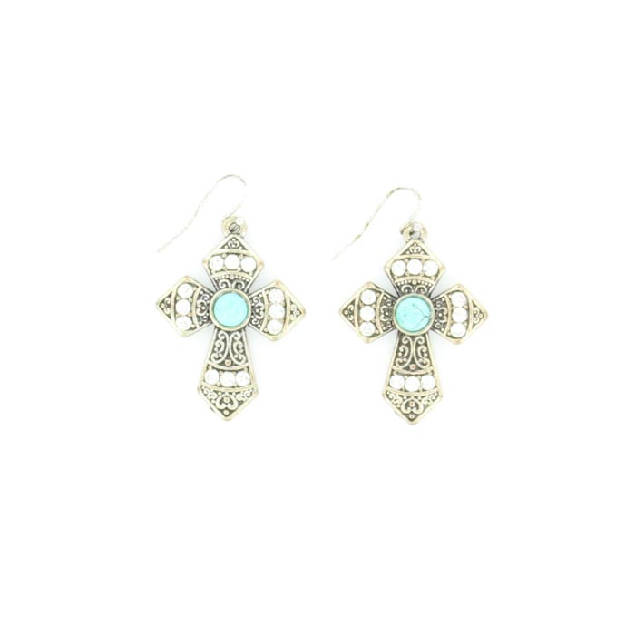 29553 Crystal & Stone Cross Earrings, Turquoise