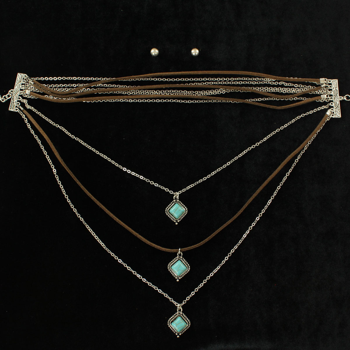29164 Multi Diamond Stone Chain Choker & Earrings Set, Turquoise - 11 To 15 In.