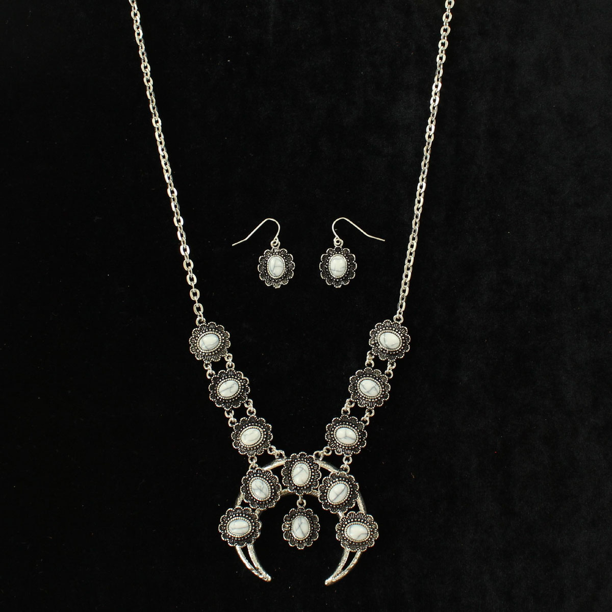 29173 Oval Stone Single Squash Blossom Necklace & Earrings Set, White - 28 To 30.87 In.