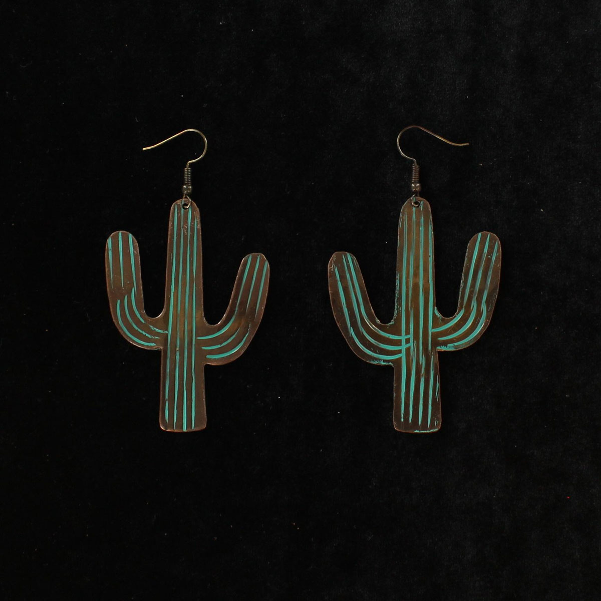 29176 Large Cactus Dangle Earrings, Patina & Turquoise