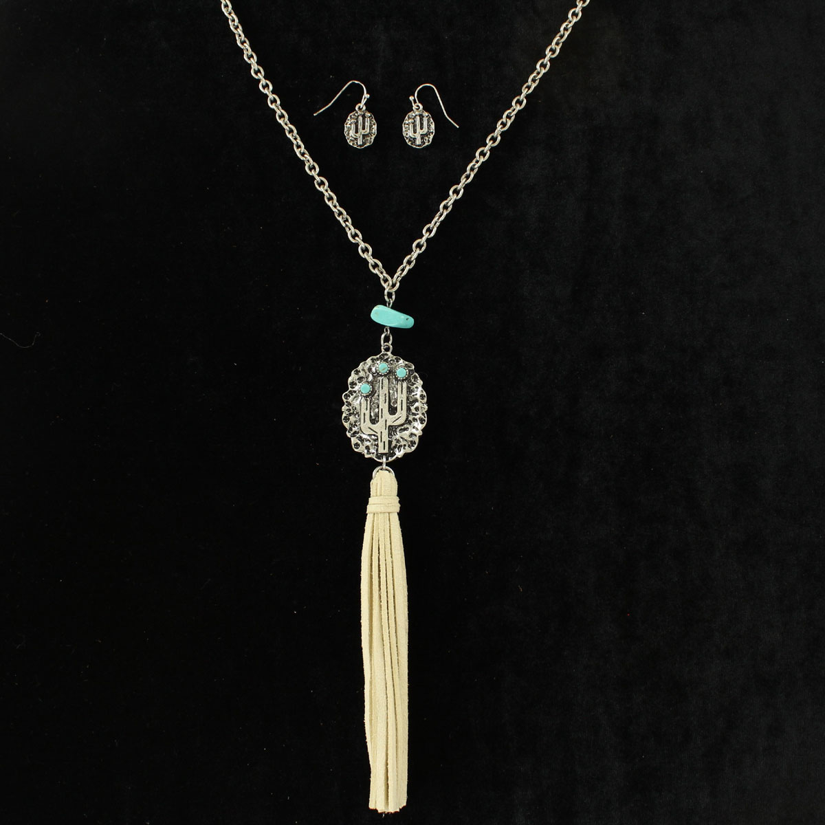 29178 Long Fringe Stone Cactus Necklace & Earrings Set, Turquoise - 30 To 33 In.