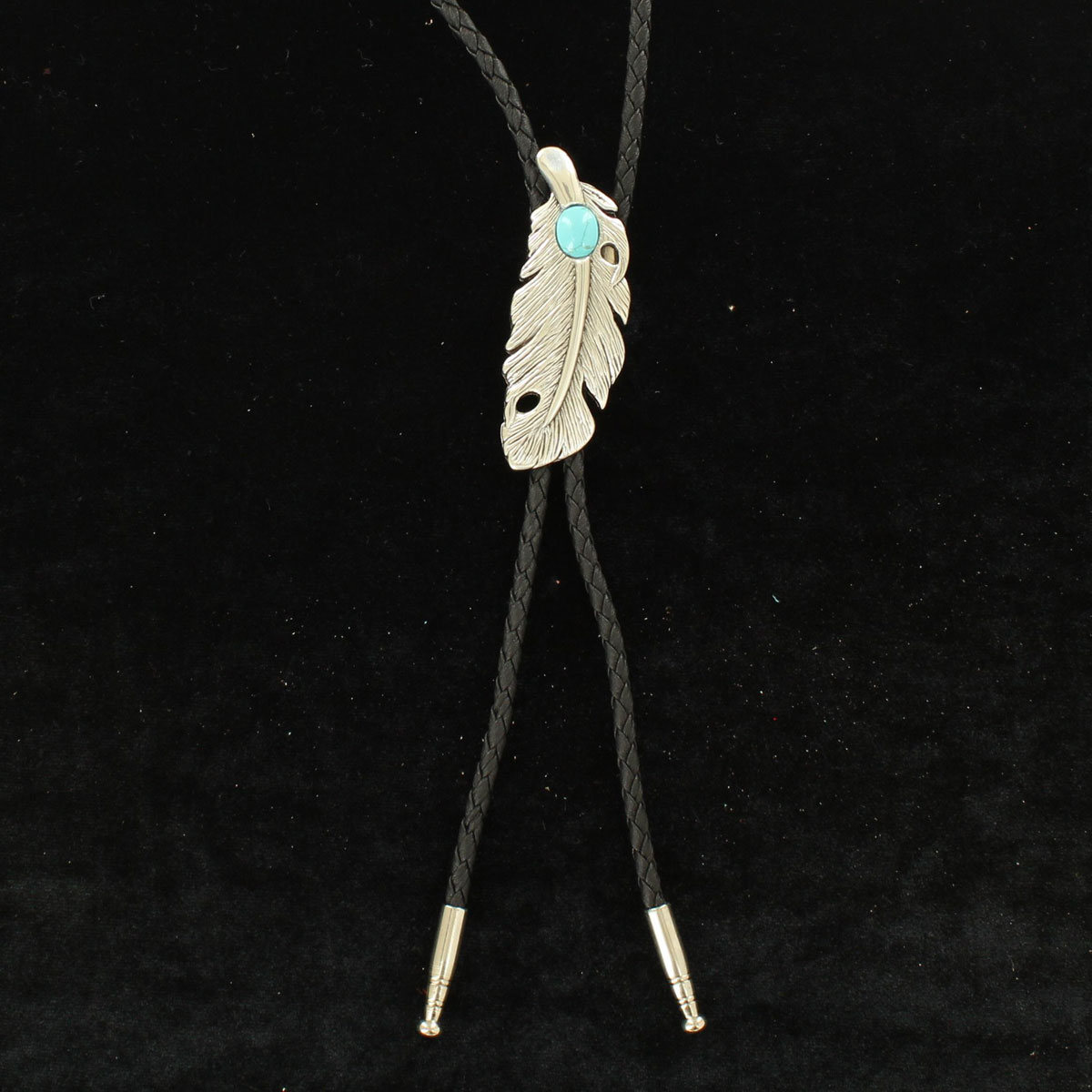 22104 Feather With Turquoise Slide Silver Bolo Tie