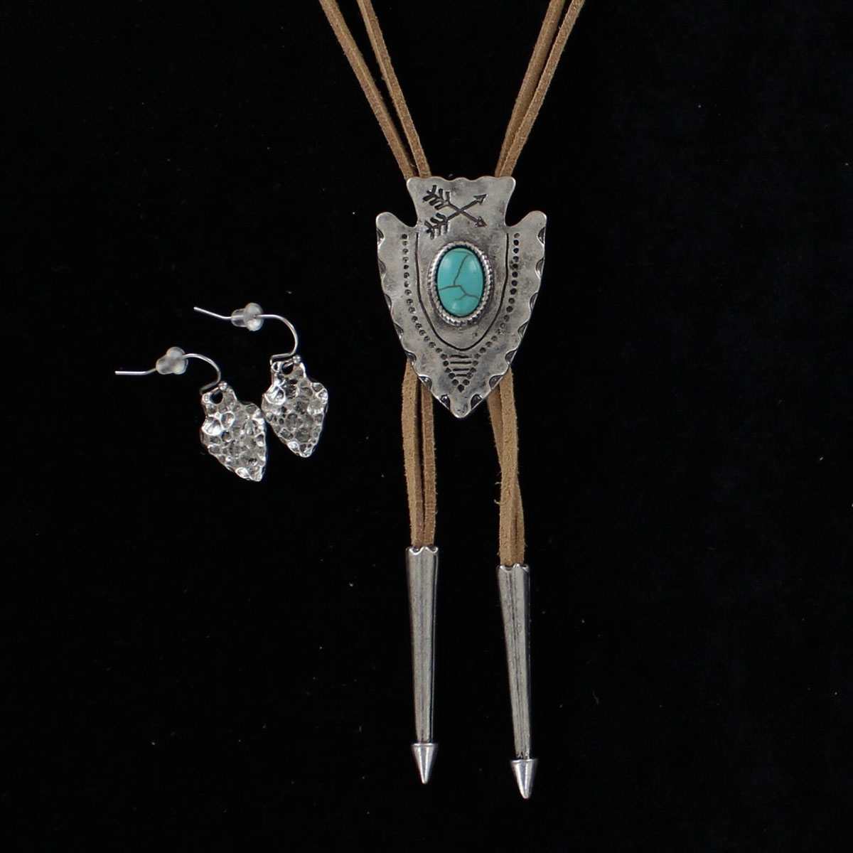 29186 Arrowhead Bolo Style Necklace & Earrings Set, Natural - 18 In.