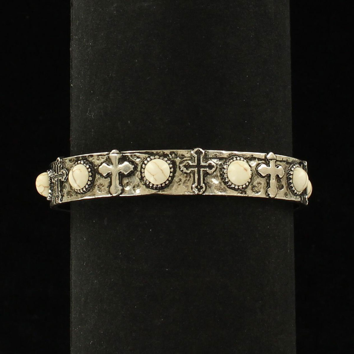 29221 Cross Design White Stones Hammered Look Cuff Style, Silver
