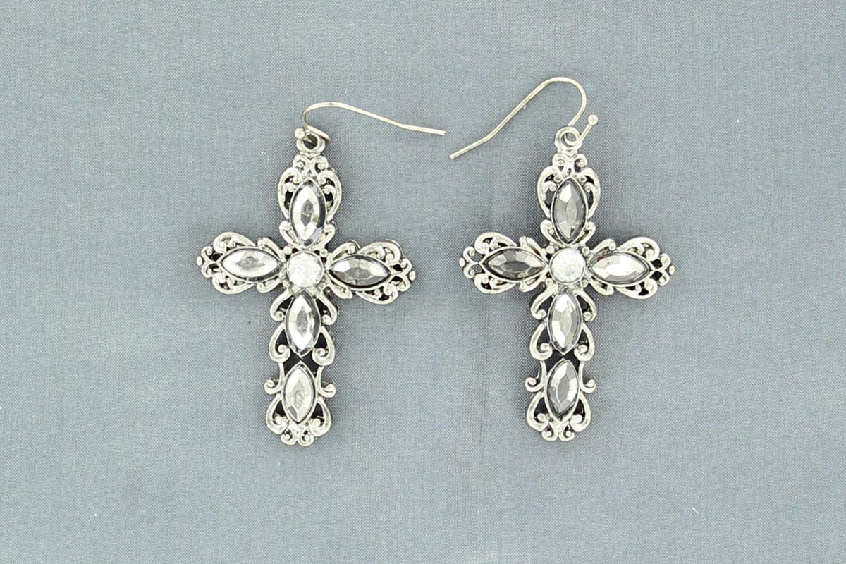29685 Ornate Crystal Cross Earrings, Silver Cross
