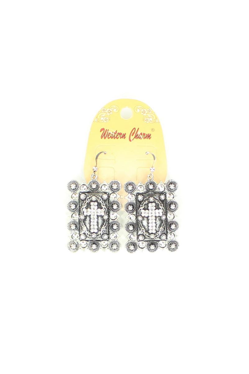 29891 Square Cross Berry Concho Earrings, Silver & Black