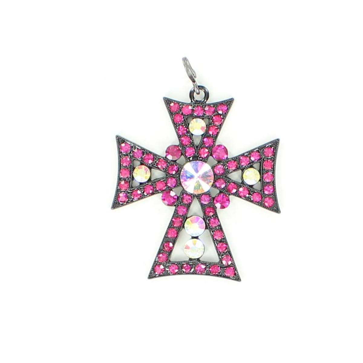 29899 Multi Rhinestone Colored Cross Pendant, Black & Hot Pink