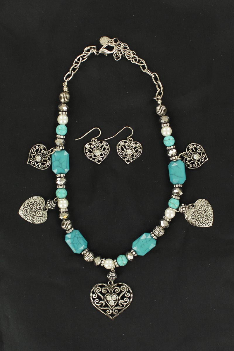 30228 Multi Hearts Necklace & Earrings Set, Turquoise & Pearl - 15 To 19 In.
