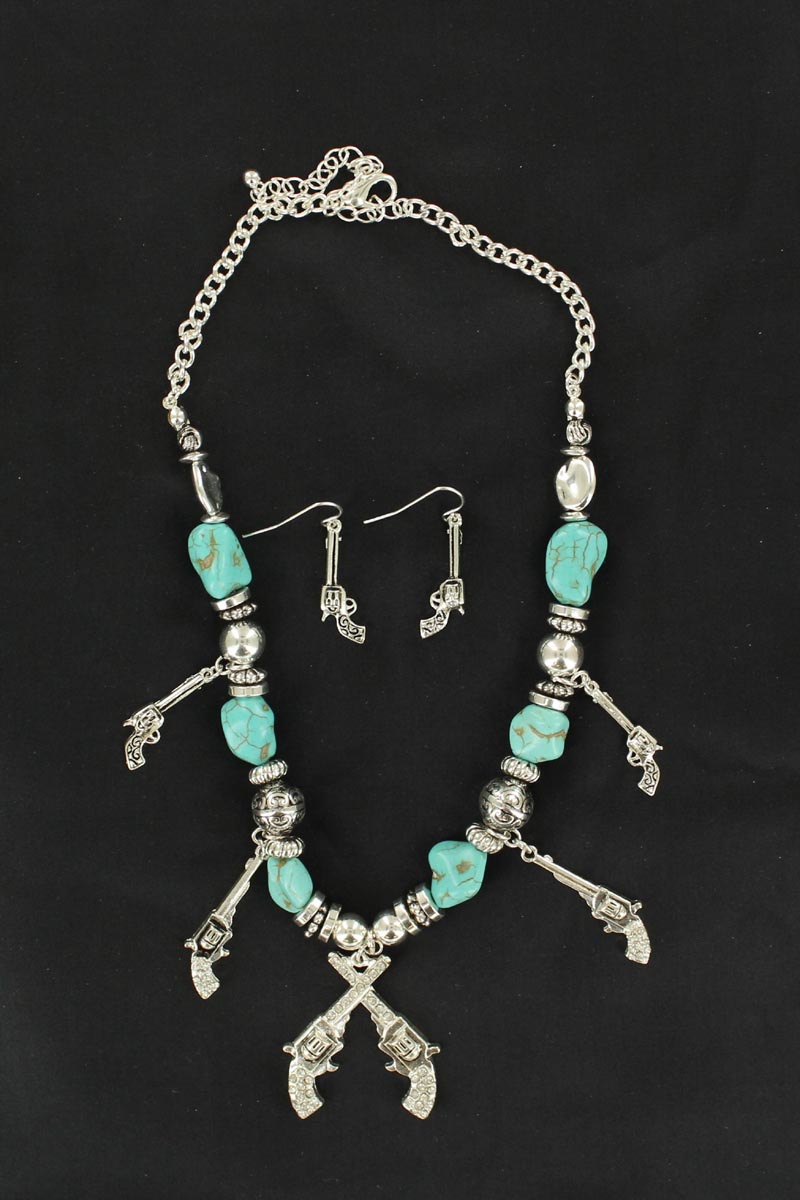 30232 Pistols Charm Necklace Set, Turquoise - 13.50 To 19.50 In.