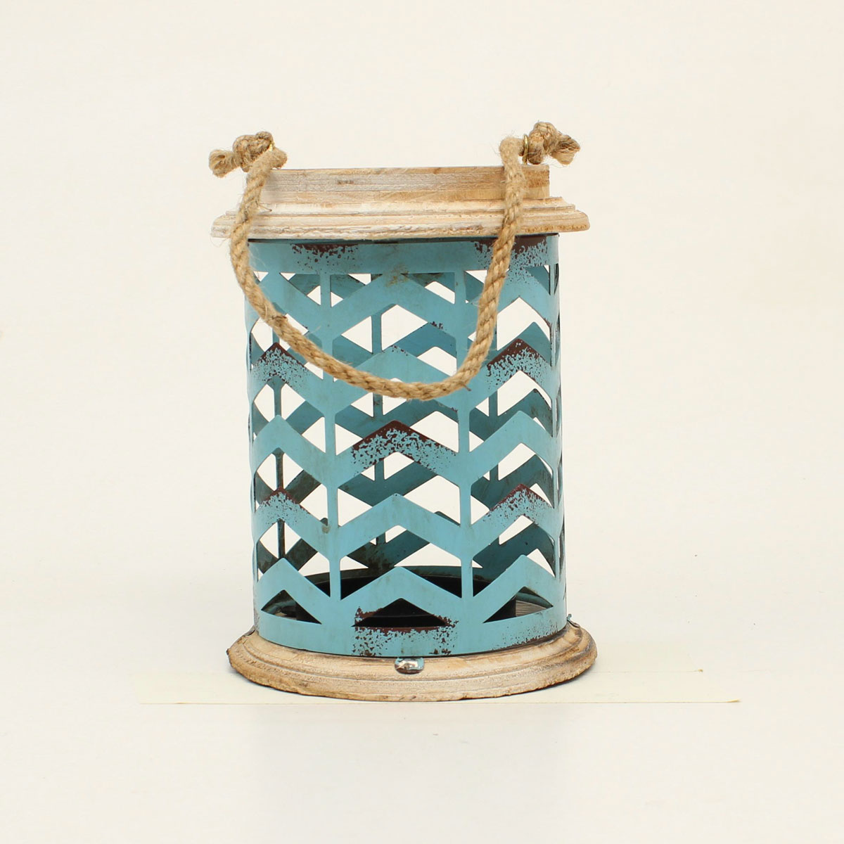 94032 Distressed Metal Chevron Candle Holder, Turquoise - 7 X 5.25 In.