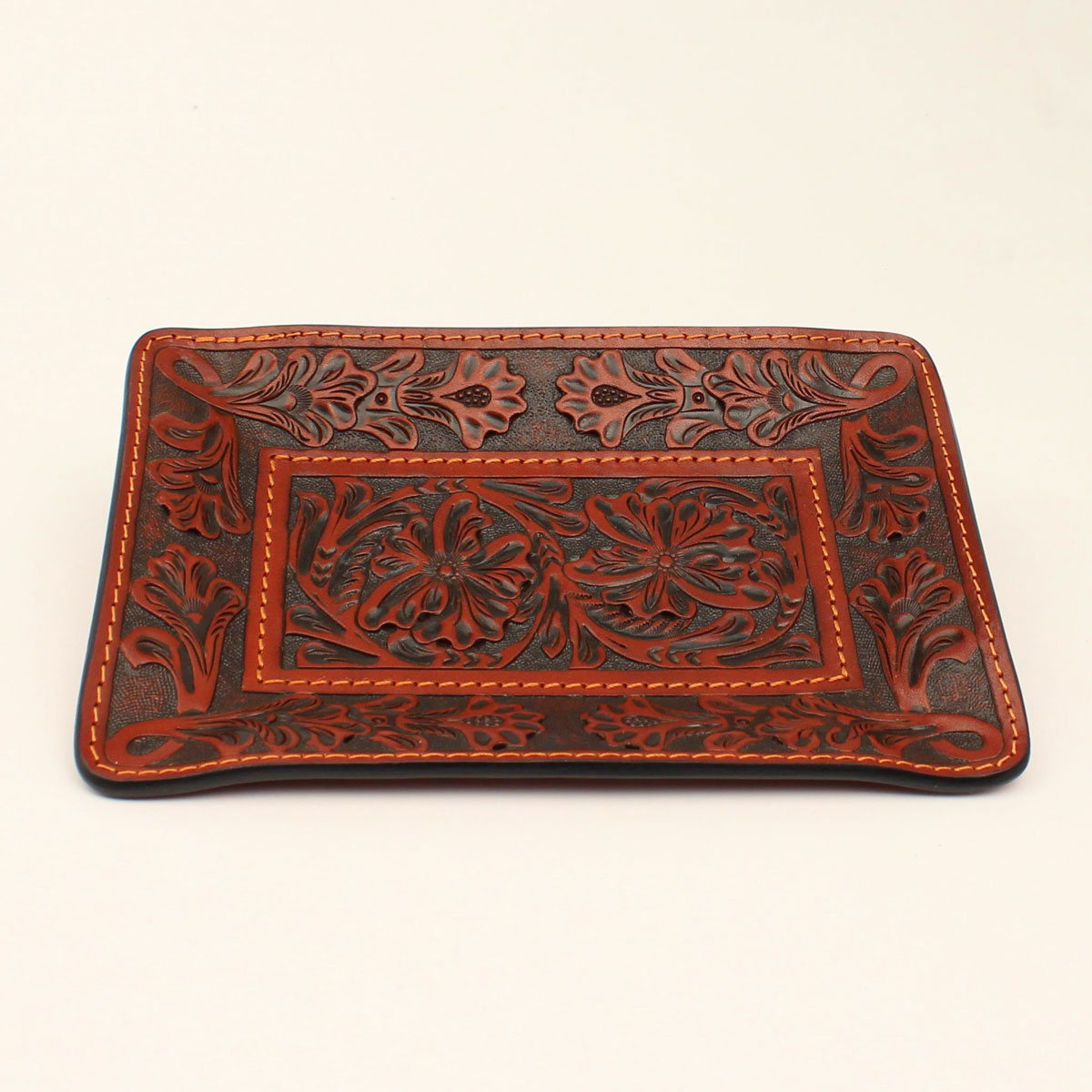Dhd101 8 X 5.50 In. Floral Hand Tooled Leather Covered Valet Tray, Tan - 8 X 5.50 In.