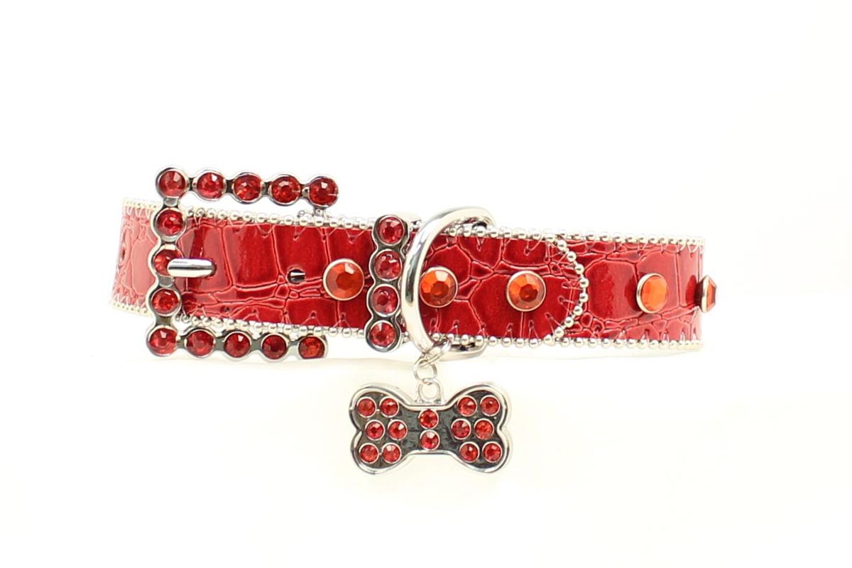9300704-m Croco & Crystal Dog Collar, Red - Medium