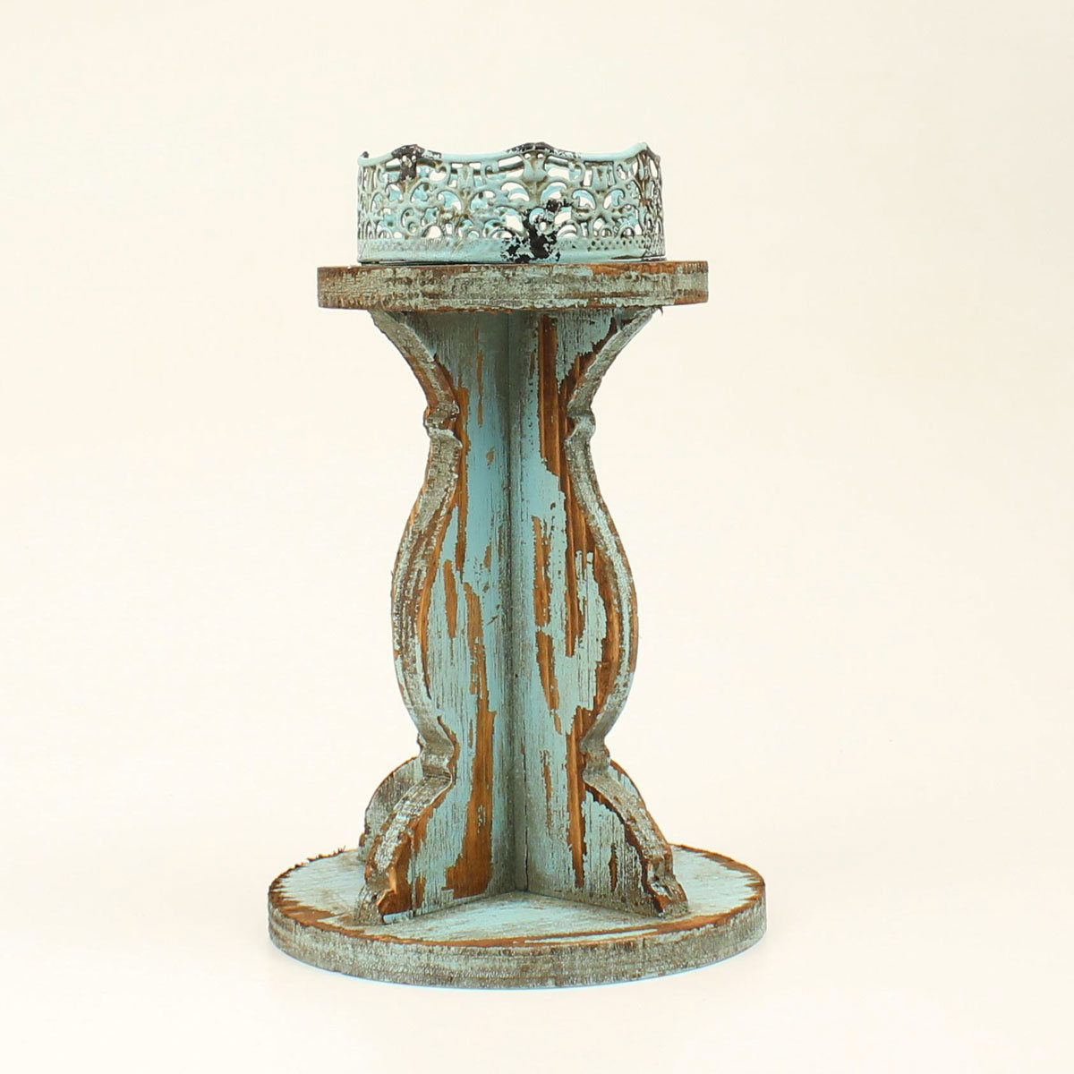 94055 Metal Scrolled Top Candle Holder, Turquoise