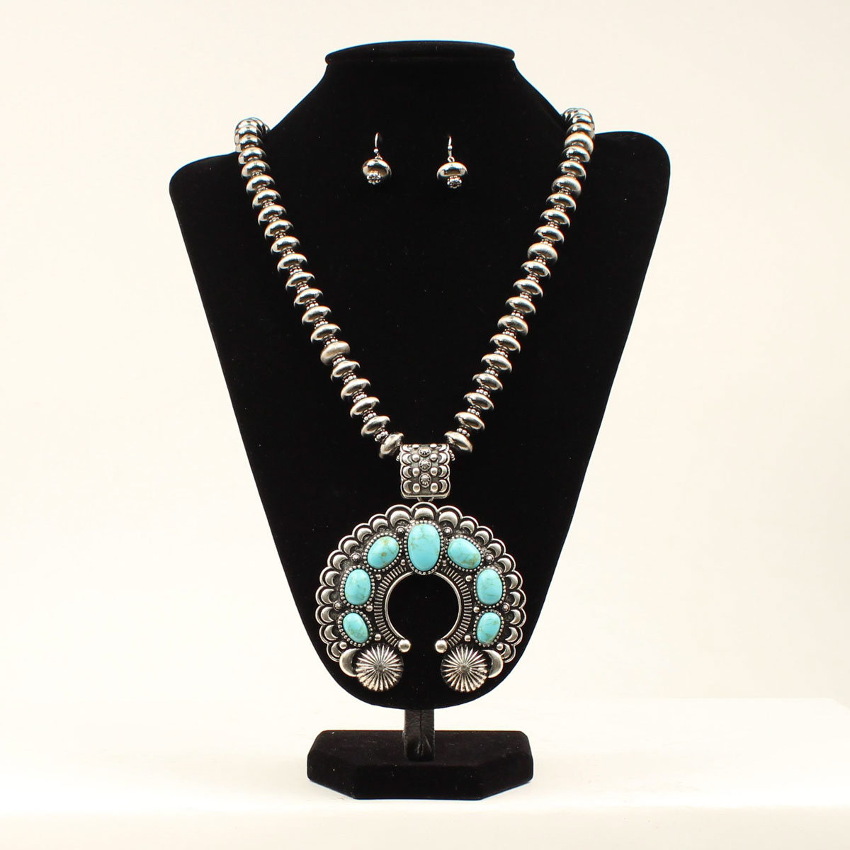 30930 Naja Style Squash Blossom With Turquoise Stones Necklace & Earring Set