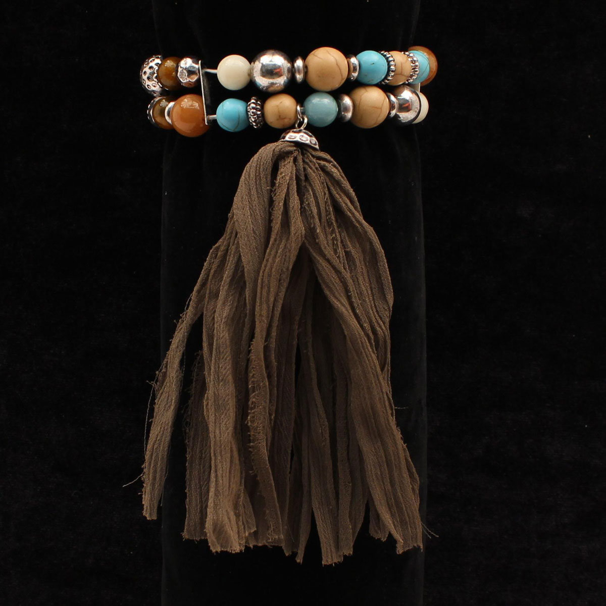 30940 2 Beads Brown Fabric Tassel Stretch Style Bracelet, Multi Color
