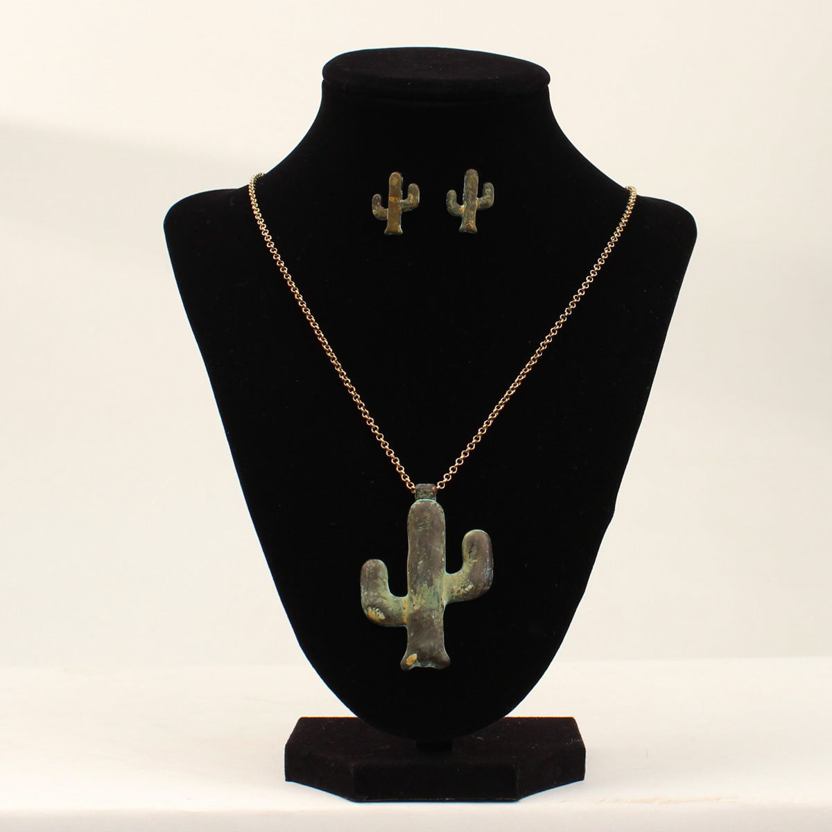 30941 Vintage Patina Cactus Pendant Necklace & Earrings Set