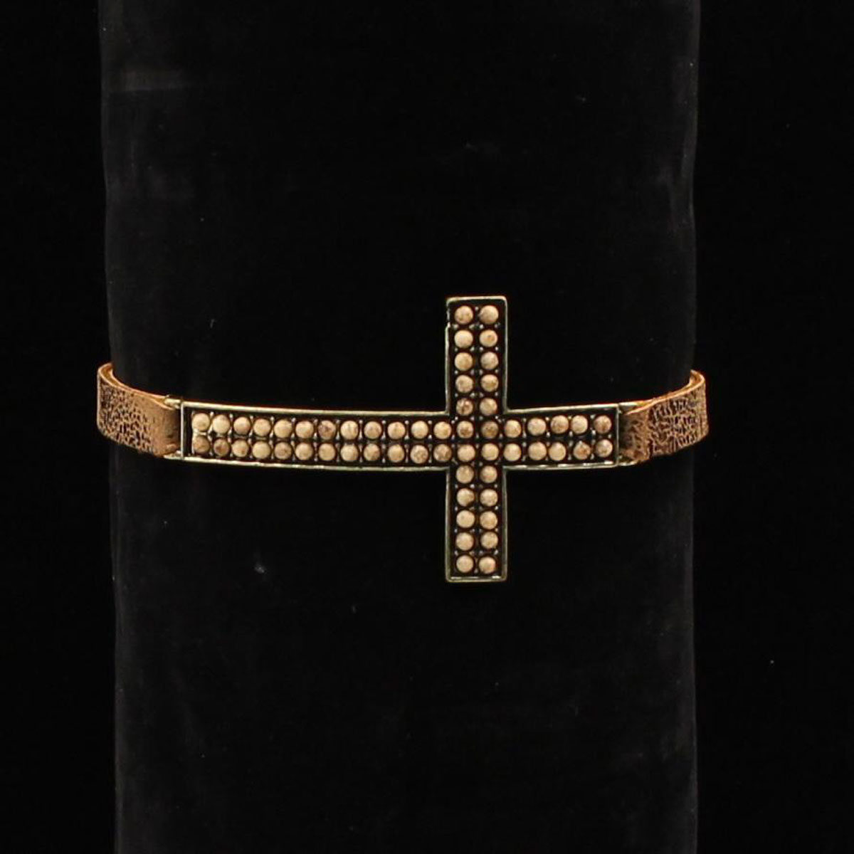 30942 Natural Stone Colored Cross With 2 Rows Of Beads Bracelet, Brown & Gold Colored Strap
