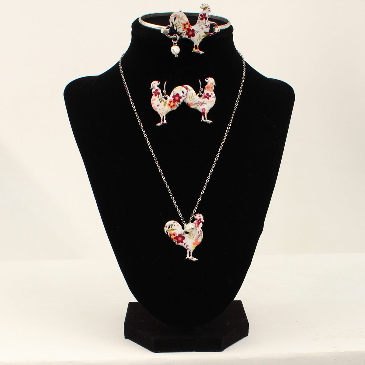 30946 Floral Rooster Pendant Necklace & Earrings Set - 3 Piece