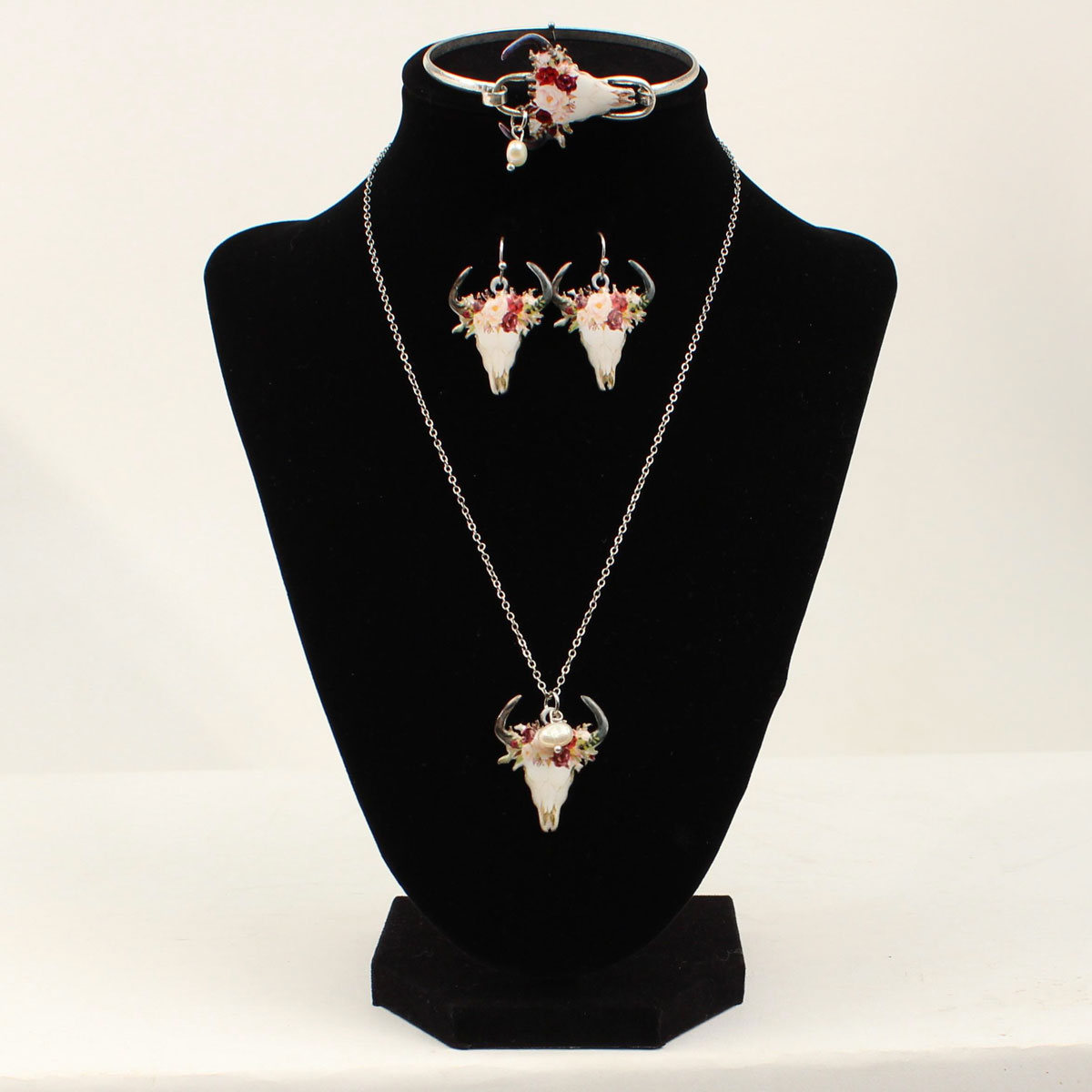 30947 Floral Skull Head Pendant Necklace & Earrings Set - 3 Piece