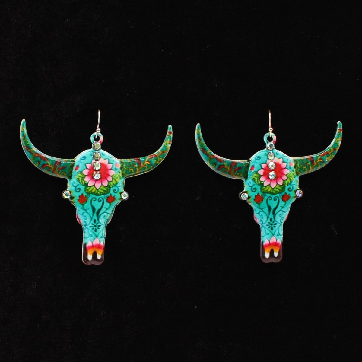 30949 Floral Skull Head Rhinestones Earrings, Multi Color