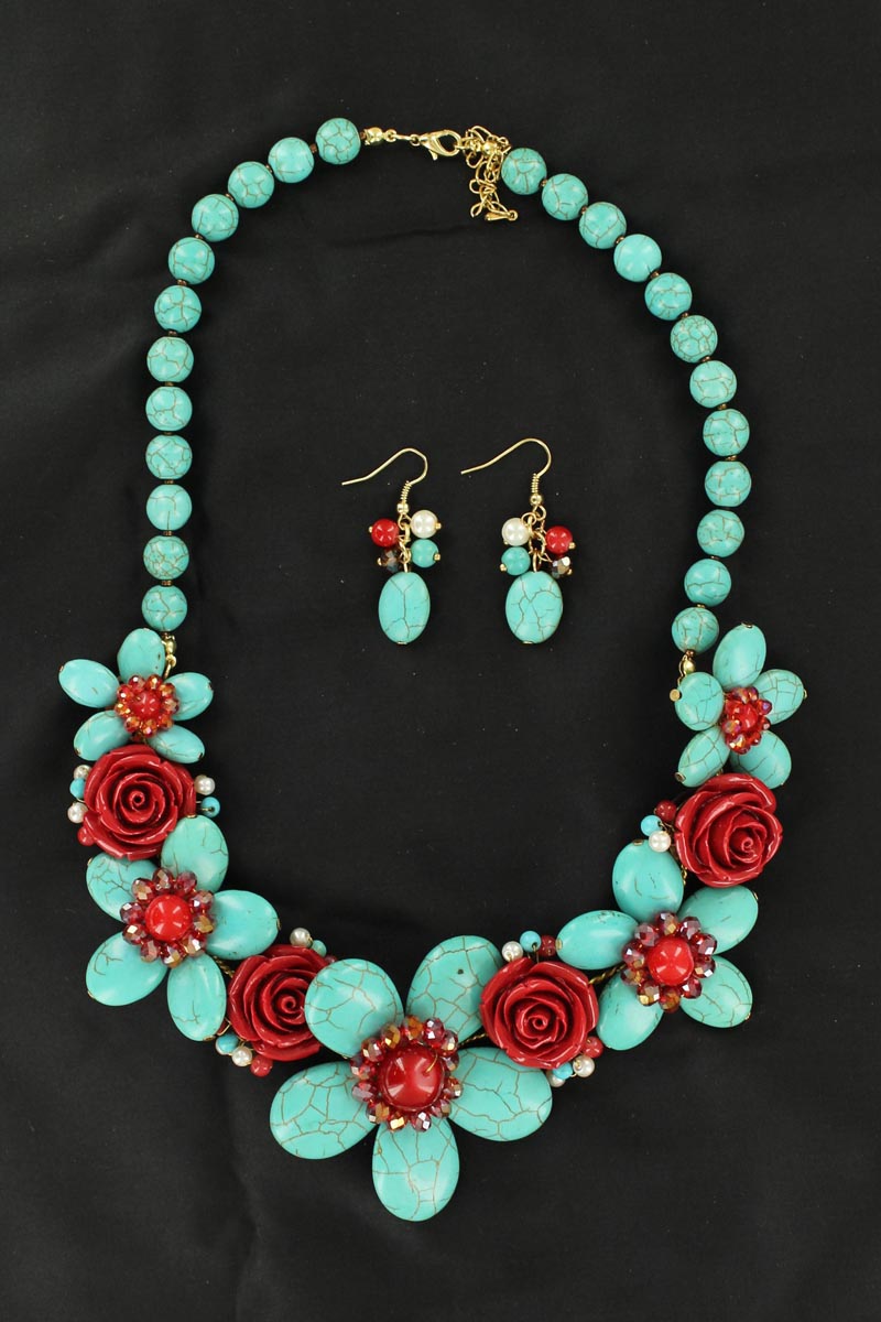 30496 Handmade Stone Flower Jewelry Set, Turquoise