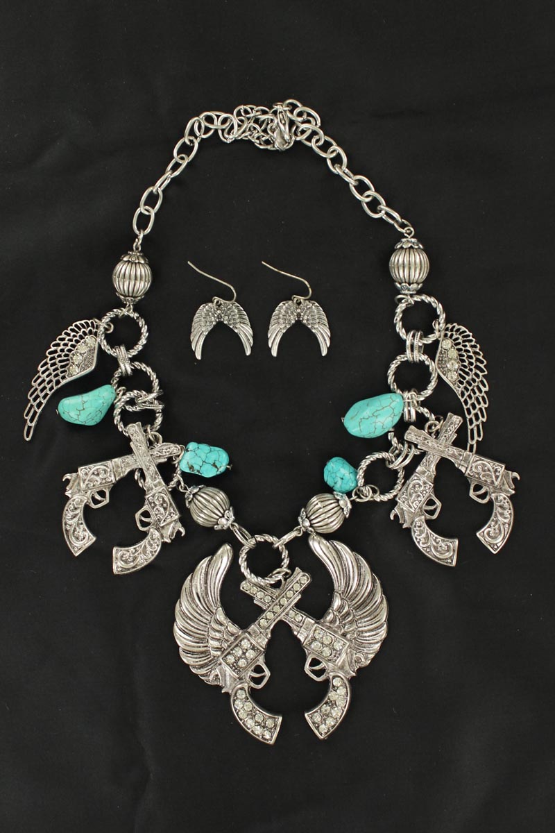 30476 Winged Pistols Necklace & Earrings Set, Turquois & Silver