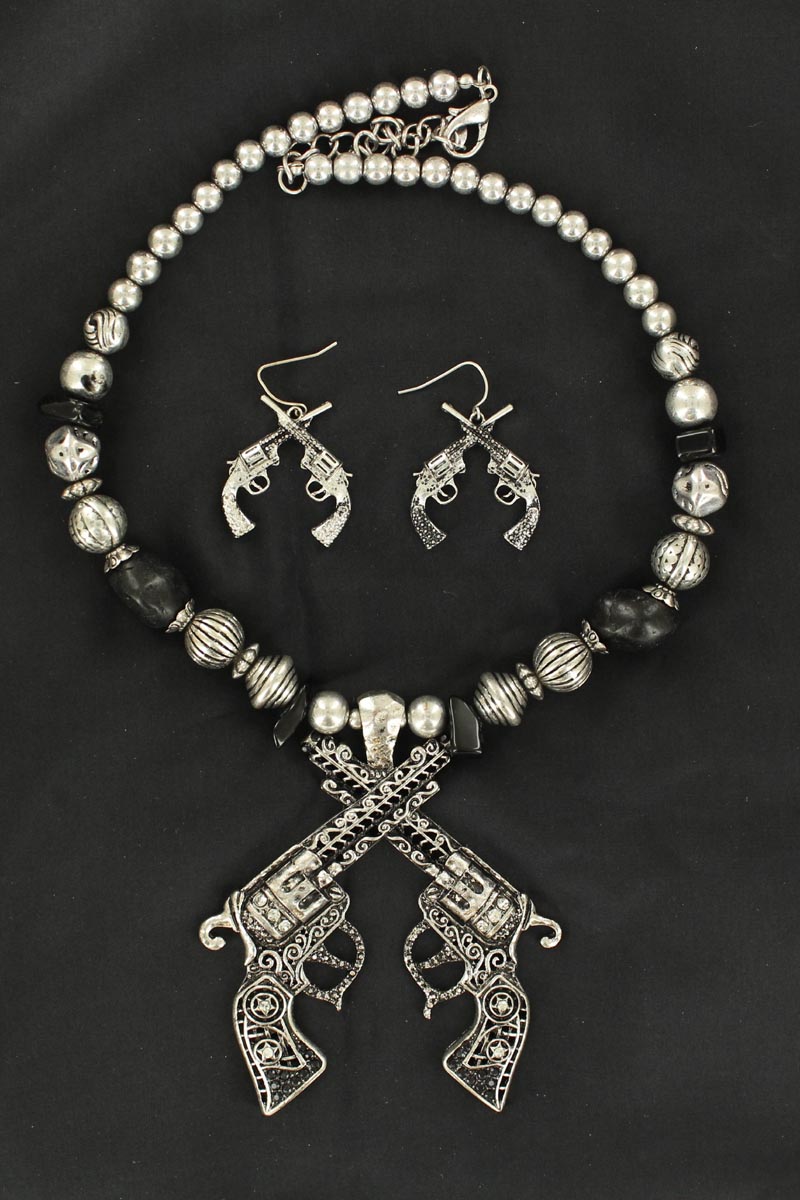 30478 Double Revolver Necklace & Earrings Set, Silver