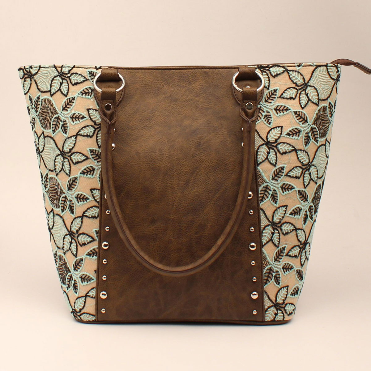 Dhb1084 Brown With Black & Mint Leaf Lace Tote Bags - Small
