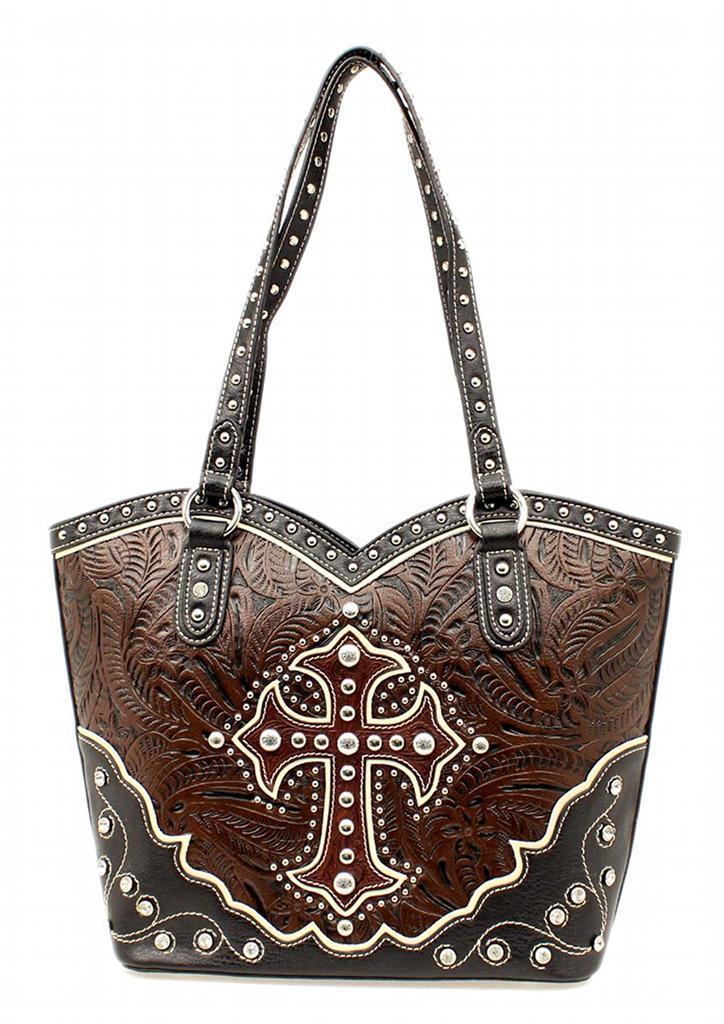 N75314107 Western Womens Handbag Tooled Cross Boot Top Bucket - Brown