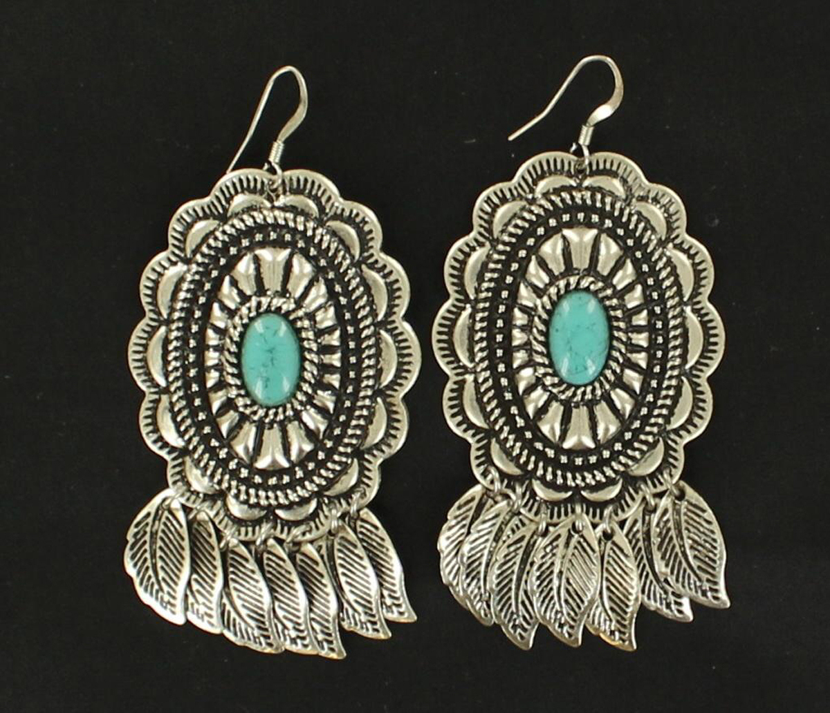 30614 Earring Fish Hook Engraved Turquoise Drop Feather