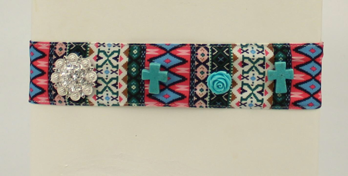 30594 Tribal Fabric Headband, Turquoise Crosses & Flower