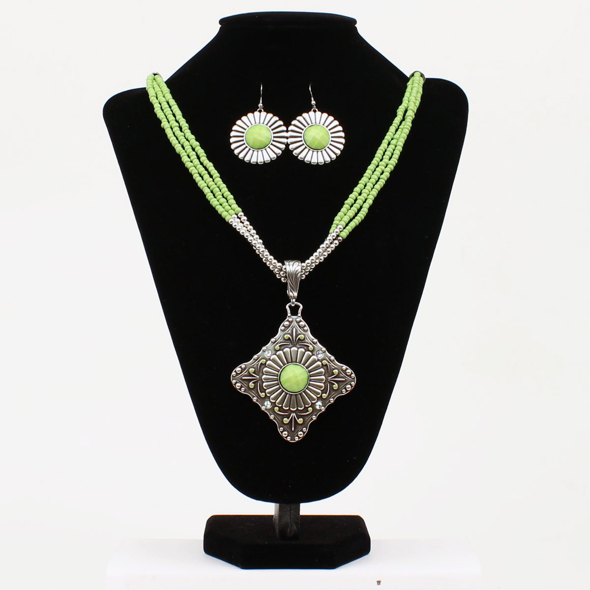 30646 Daisy Floral Concho Multi-stand Necklace & Earrings Set, Lime Green