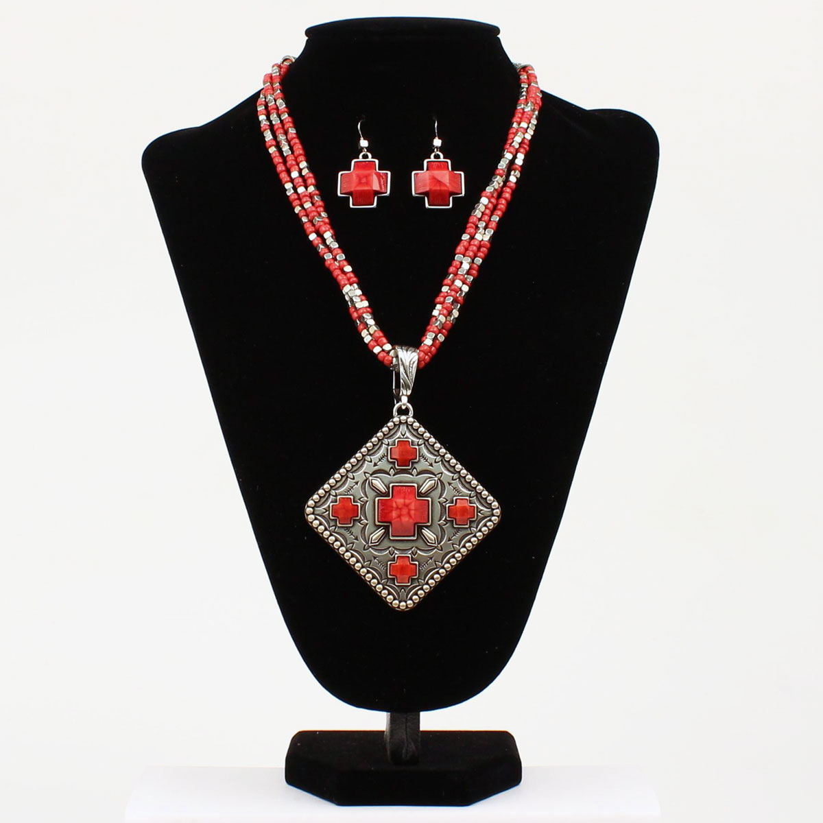 30650 Diamond Cross Style Multi-strand Necklace & Earrings Set, Coral