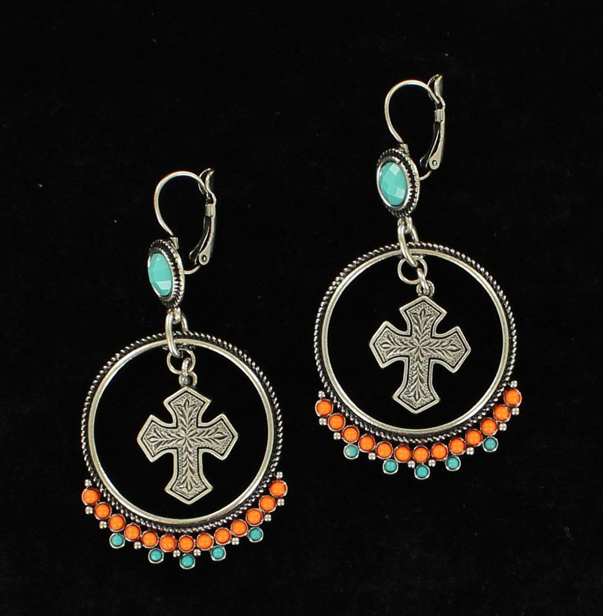 30660 Cross Hoop Drop Earrings, Turquoise & Orange