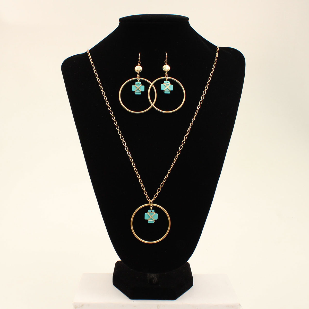 30965 Gold Circle With Dangling Turquoise Cross Necklace & Earrings Set